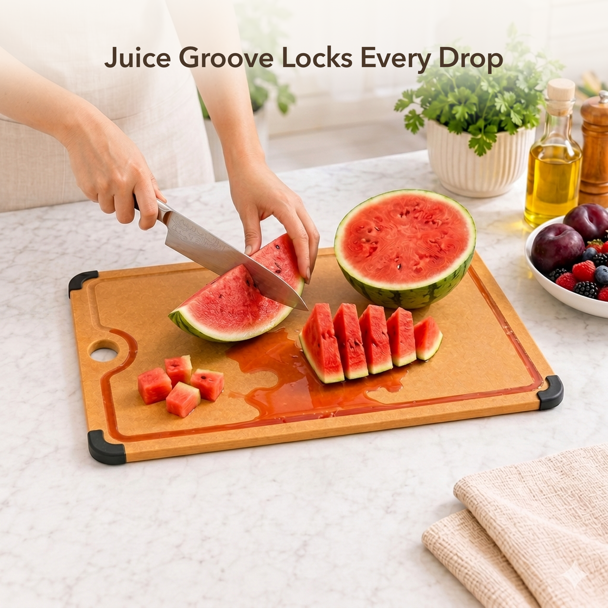 Juice groove locks every drop — NORU cutting board recessed groove catches watermelon juice