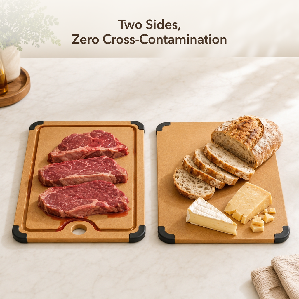 Two sides, zero cross-contamination — NORU cutting board groove side for raw meat, flat side for ready-to-eat bread and cheese