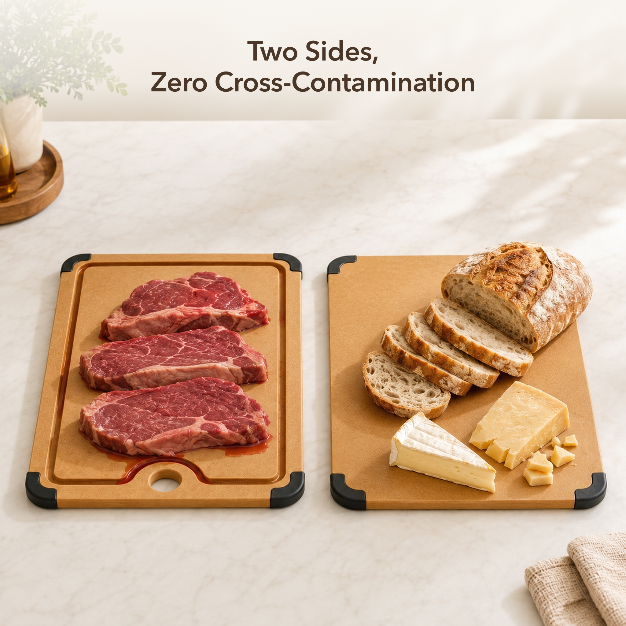 Two sides, zero cross-contamination — NORU cutting board groove side for raw meat, flat side for ready-to-eat bread and cheese