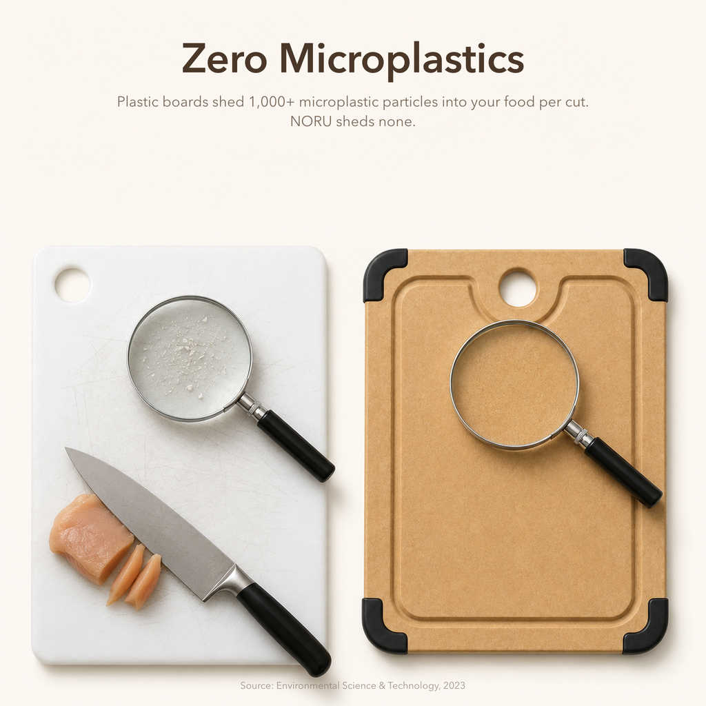 Zero microplastics — plastic cutting boards shed microplastic particles into food, NORU wood fiber composite sheds none