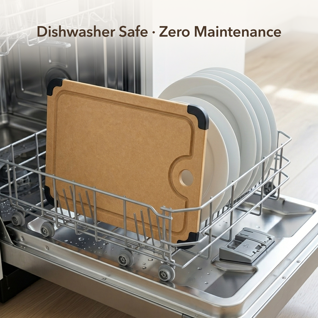 Dishwasher safe — NORU wood fiber composite cutting board loaded in a dishwasher rack, zero maintenance